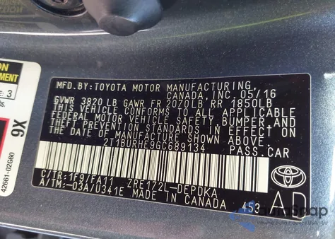 2016 Toyota Corolla L z USA, uszkodzony, nr VIN 2T1BURHE9GC689134